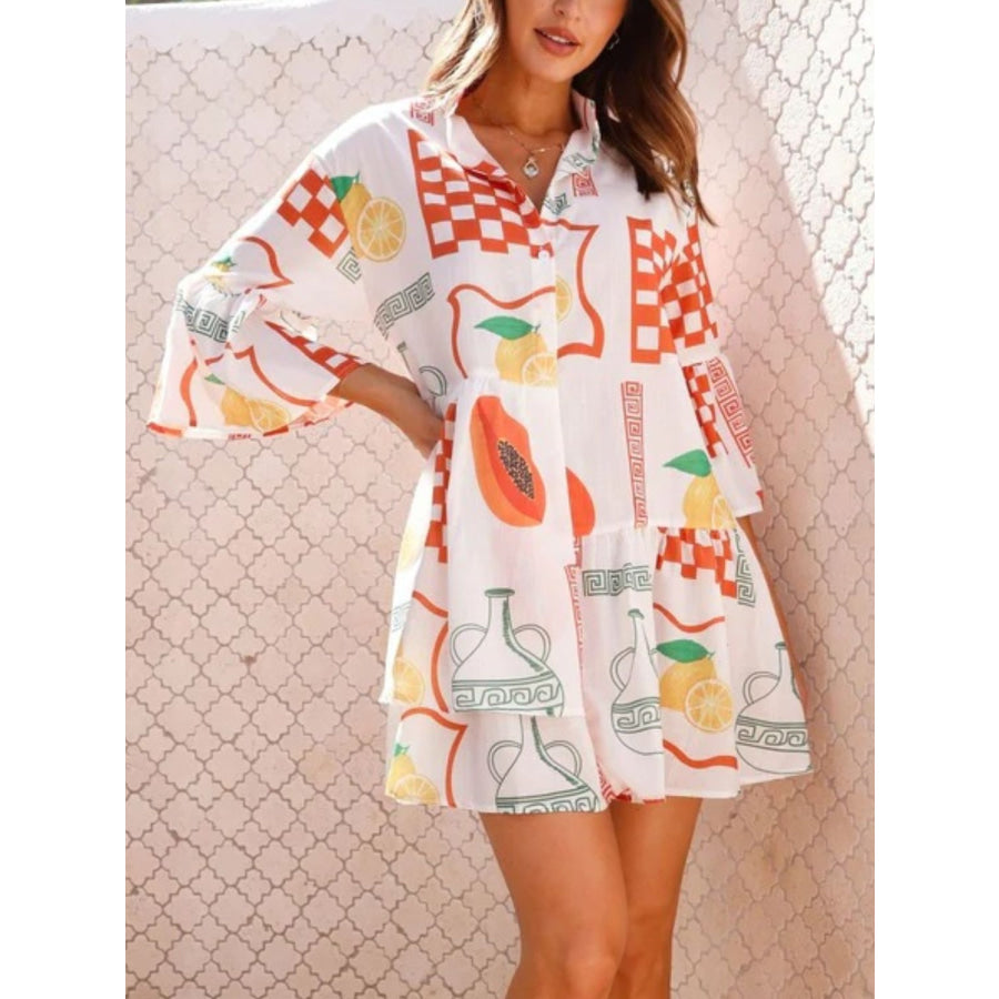 Printed Three-Quarter Sleeve Mini Dress Apparel and Accessories