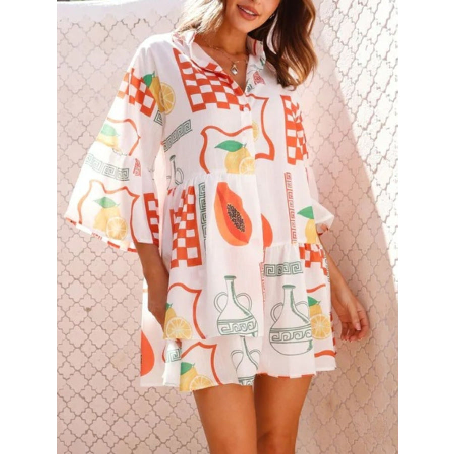 Printed Three-Quarter Sleeve Mini Dress Apparel and Accessories