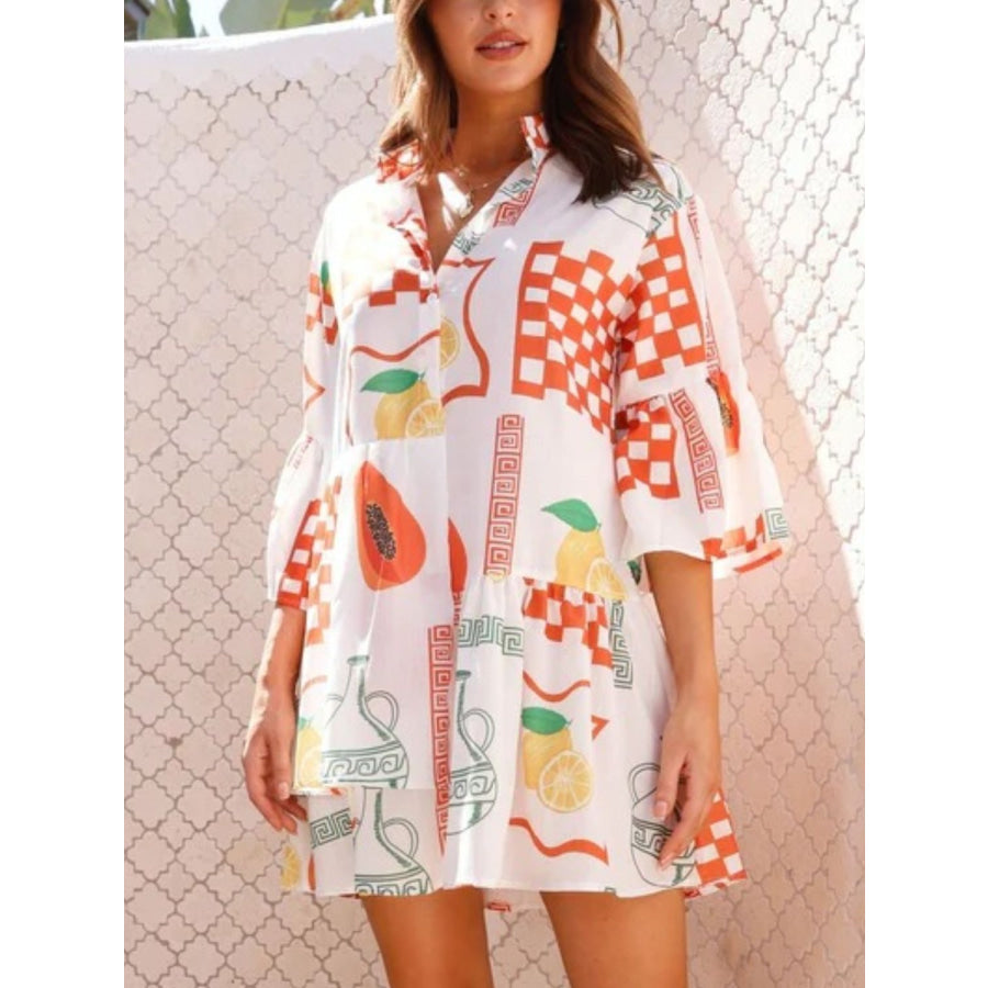 Printed Three-Quarter Sleeve Mini Dress Apparel and Accessories