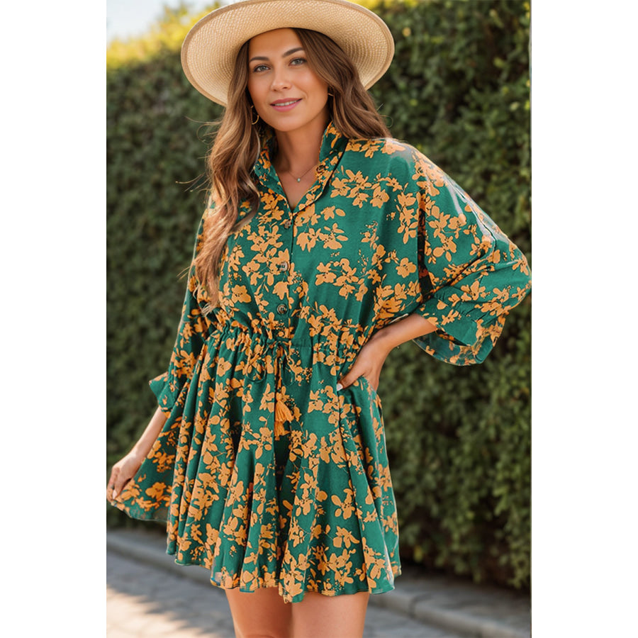 Printed Three-Quarter Sleeve Mini Dress Dark Green / S Apparel and Accessories