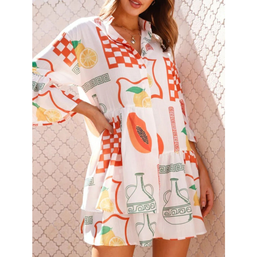 Printed Three-Quarter Sleeve Mini Dress Orange / S Apparel and Accessories