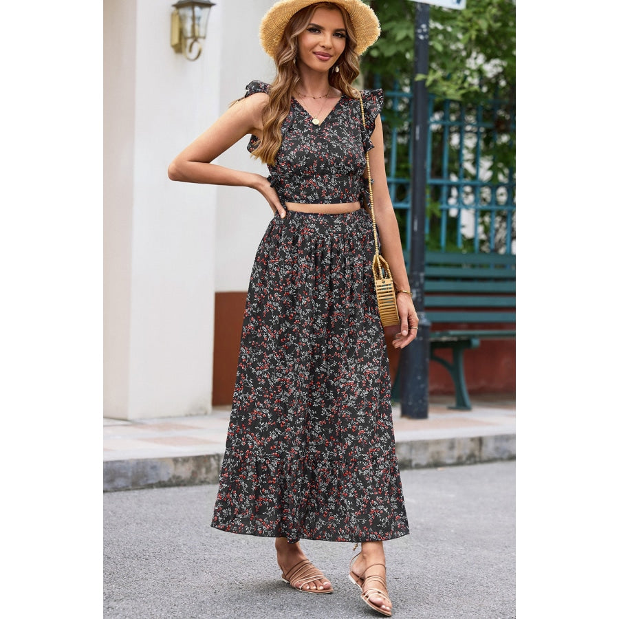 Printed Tie Back Cropped Top and Maxi Skirt Set Black / S