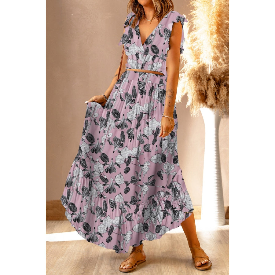 Printed Tie Back Cropped Top and Maxi Skirt Set Blush Pink / S