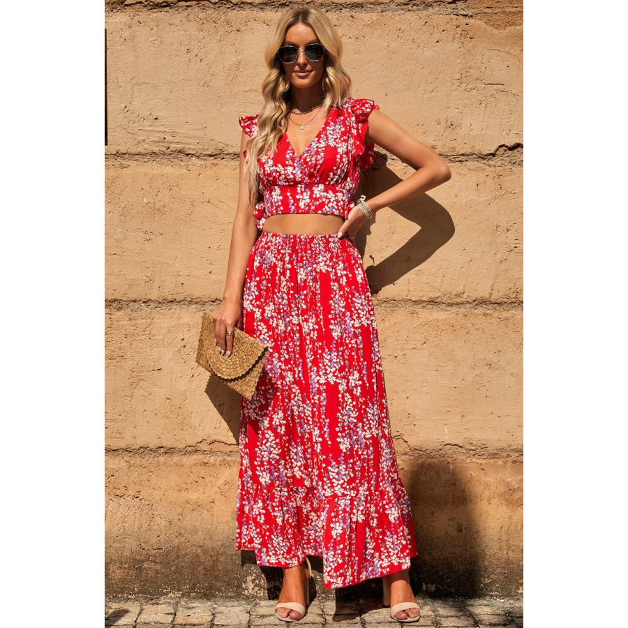 Printed Tie Back Cropped Top and Maxi Skirt Set Red / L