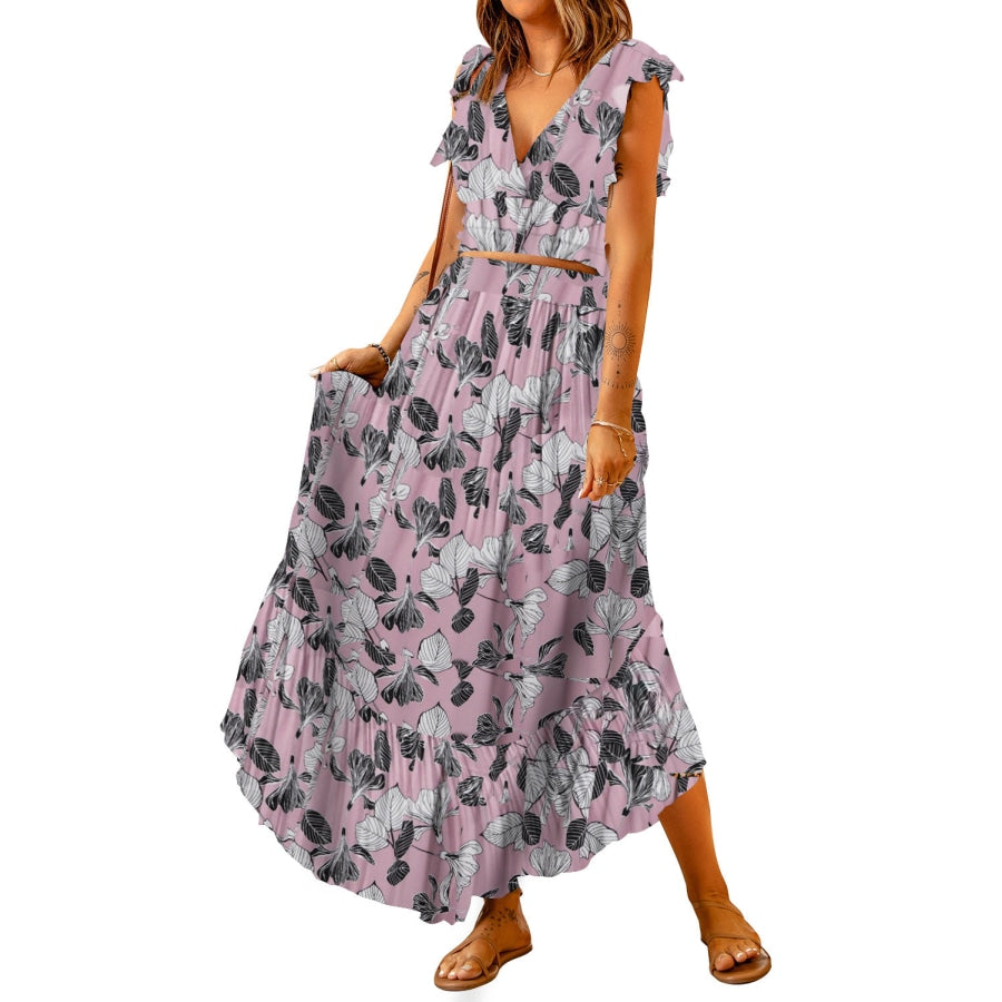 Printed Tie Back Cropped Top and Maxi Skirt Set