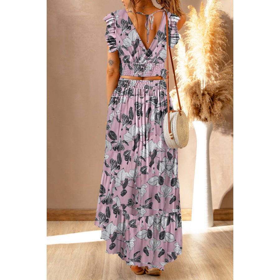 Printed Tie Back Cropped Top and Maxi Skirt Set