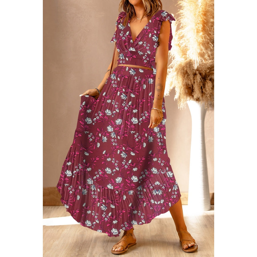 Printed Tie Back Cropped Top and Maxi Skirt Set Wine / S