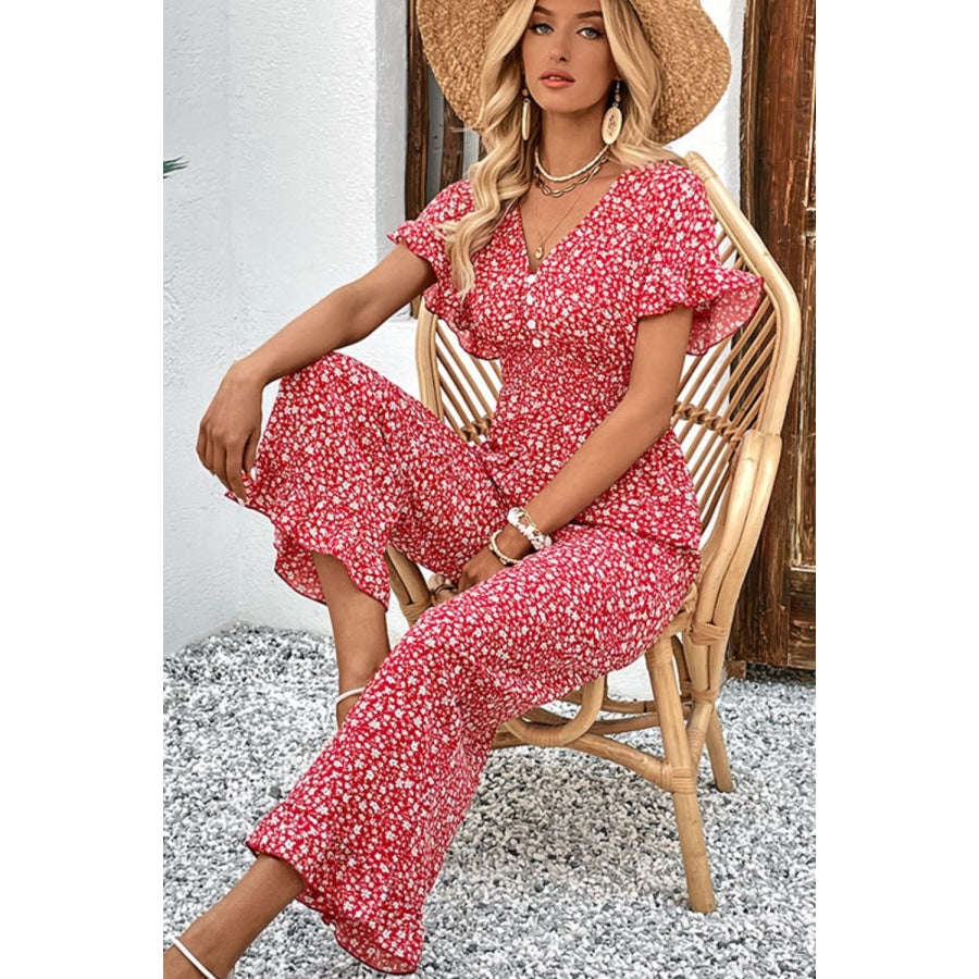 Printed Tie Back Ruffled Jumpsuit