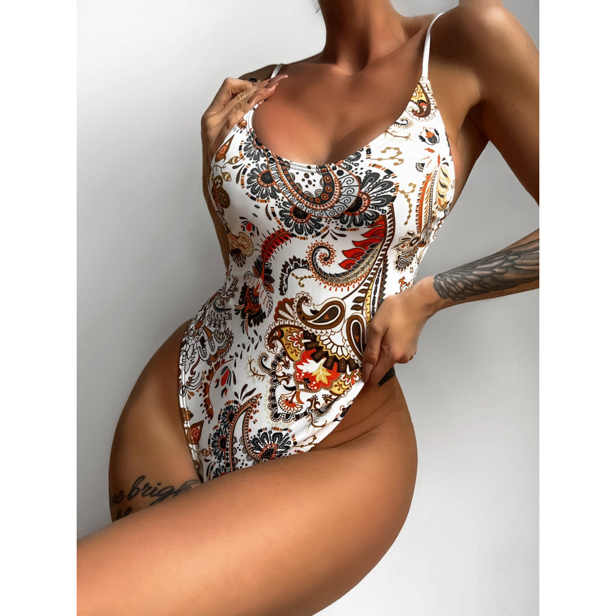 Printed Tie Back Scoop Neck One-Piece Swimsuit Apparel and Accessories