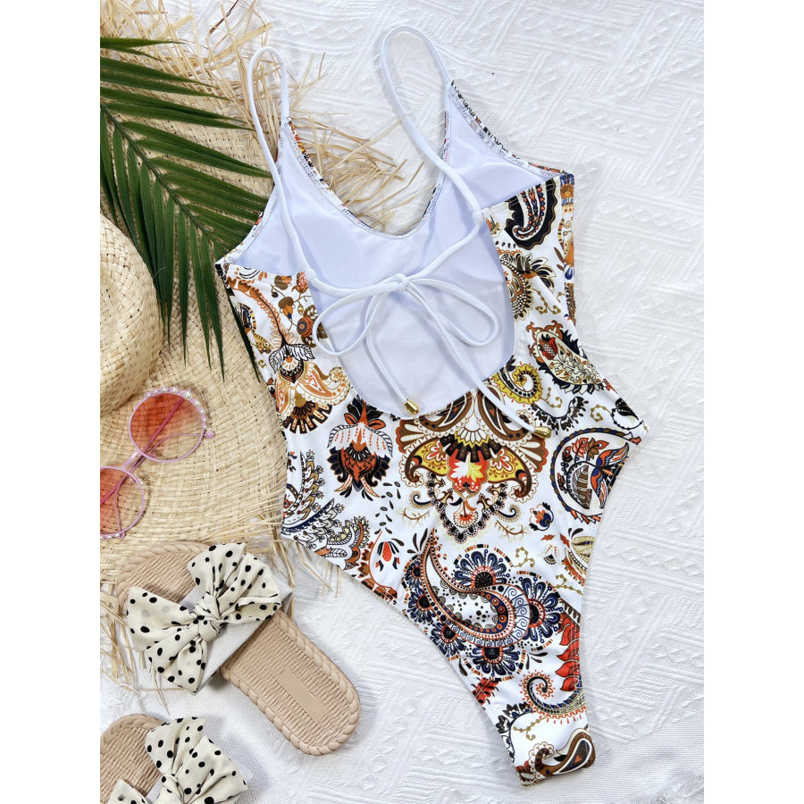 Printed Tie Back Scoop Neck One-Piece Swimsuit Apparel and Accessories