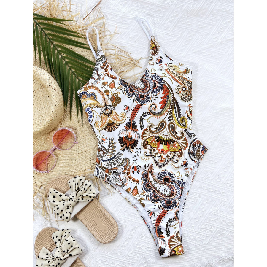 Printed Tie Back Scoop Neck One-Piece Swimsuit Apparel and Accessories