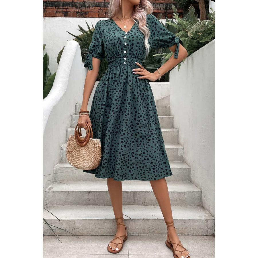 Printed Tie Cuff Smocked Waist Dress Deep Teal / S