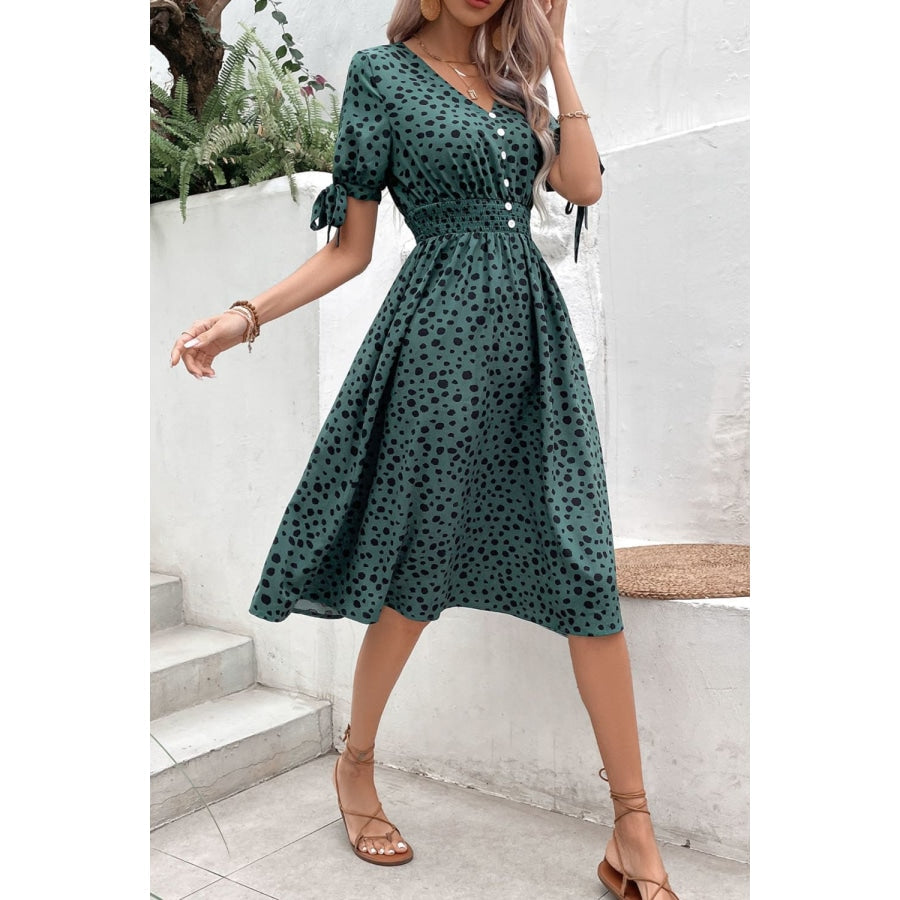 Printed Tie Cuff Smocked Waist Dress