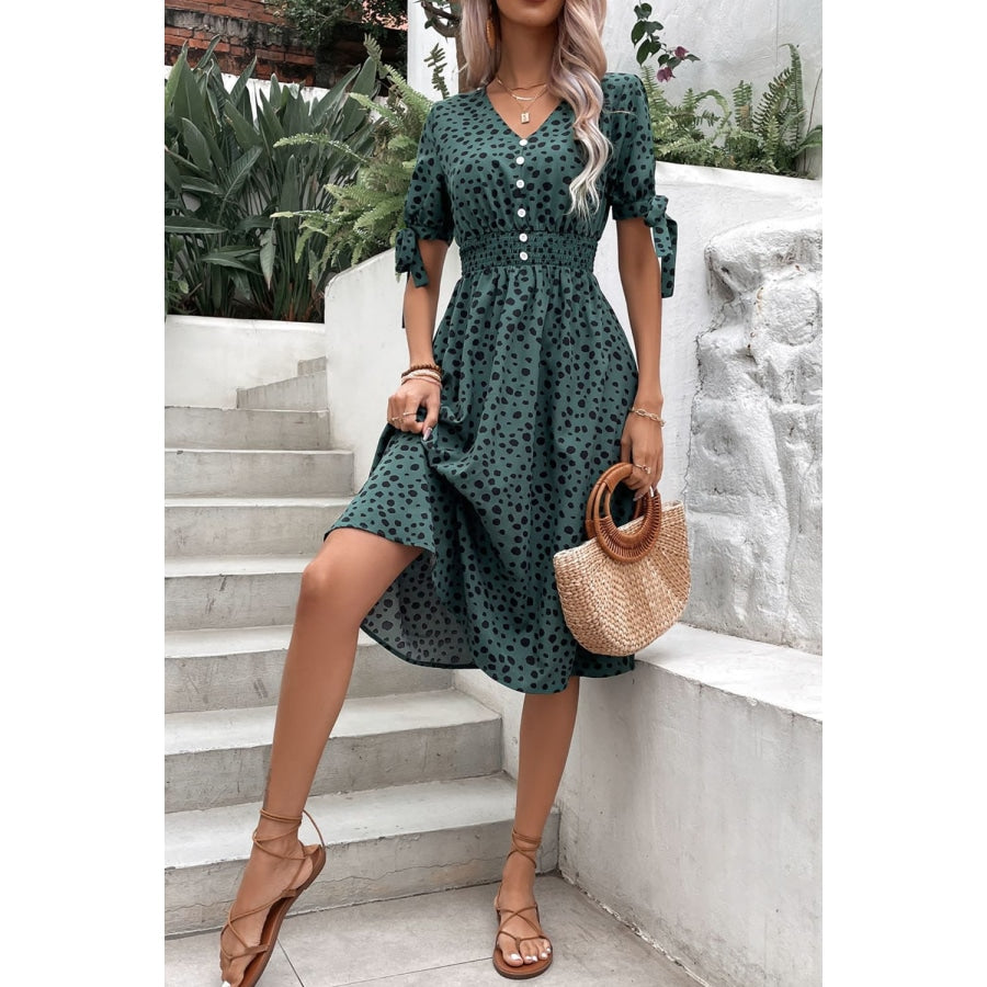 Printed Tie Cuff Smocked Waist Dress