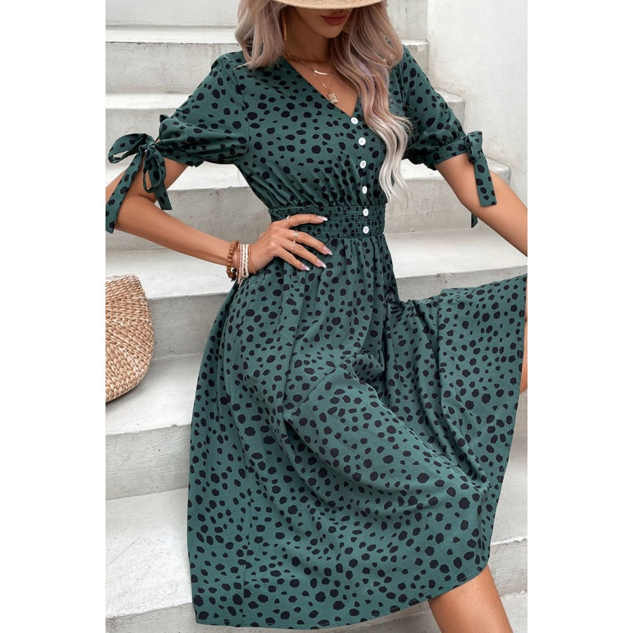 Printed Tie Cuff Smocked Waist Dress