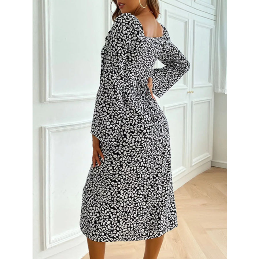 Printed Tie Flare Sleeve Midi Dress Apparel and Accessories