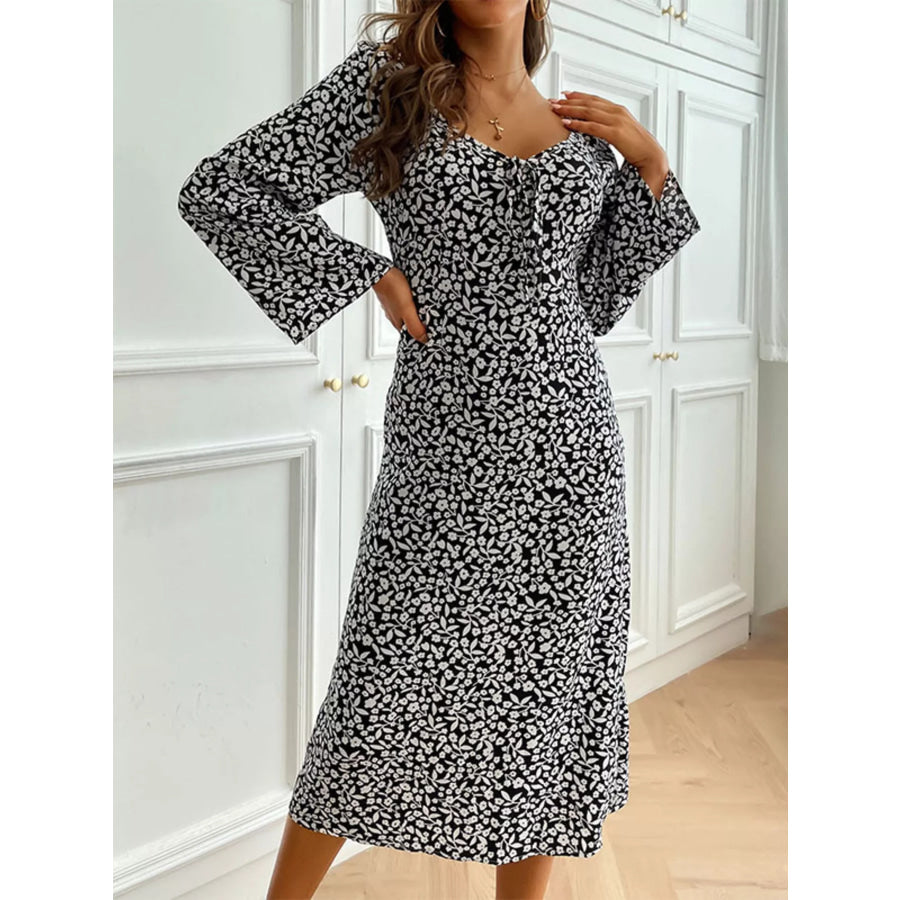 Printed Tie Flare Sleeve Midi Dress Black / S Apparel and Accessories