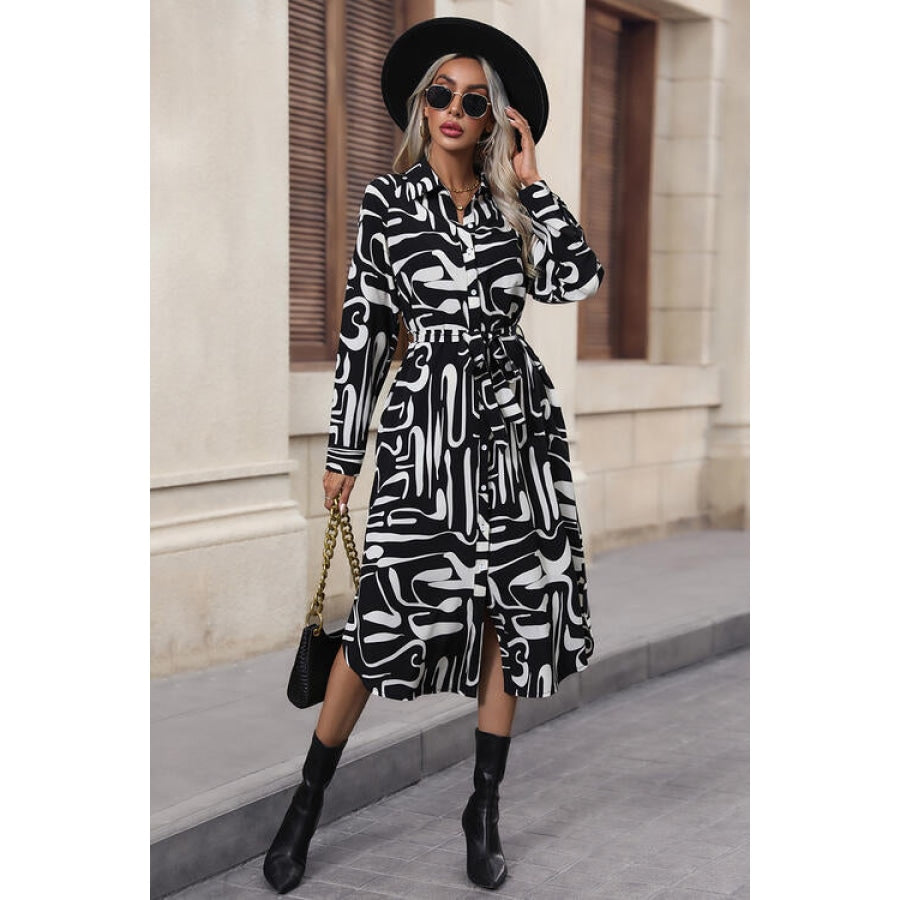 Printed Tie Front Collared Neck Slit Shirt Dress Black / S