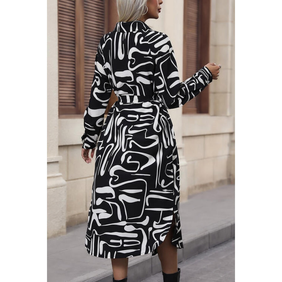 Printed Tie Front Collared Neck Slit Shirt Dress