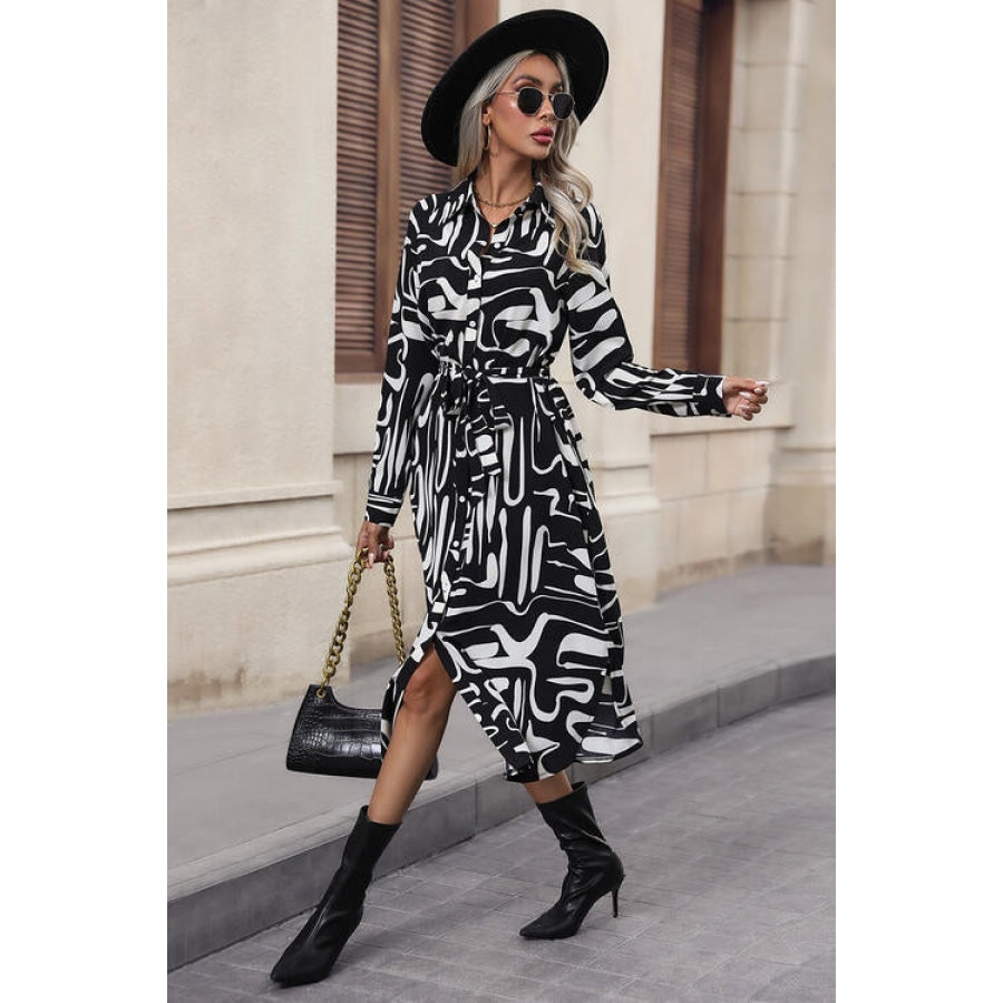 Printed Tie Front Collared Neck Slit Shirt Dress