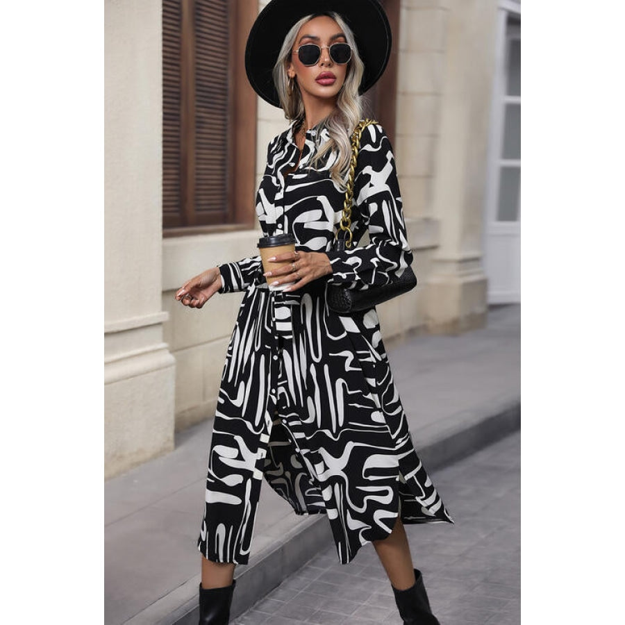 Printed Tie Front Collared Neck Slit Shirt Dress