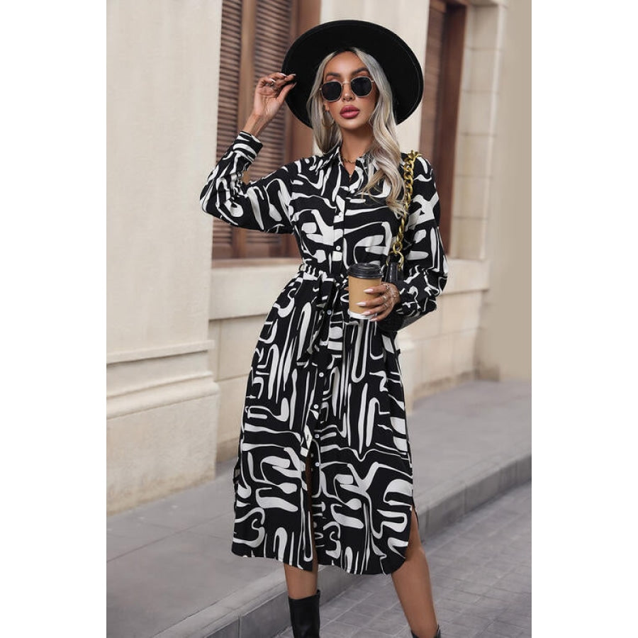 Printed Tie Front Collared Neck Slit Shirt Dress