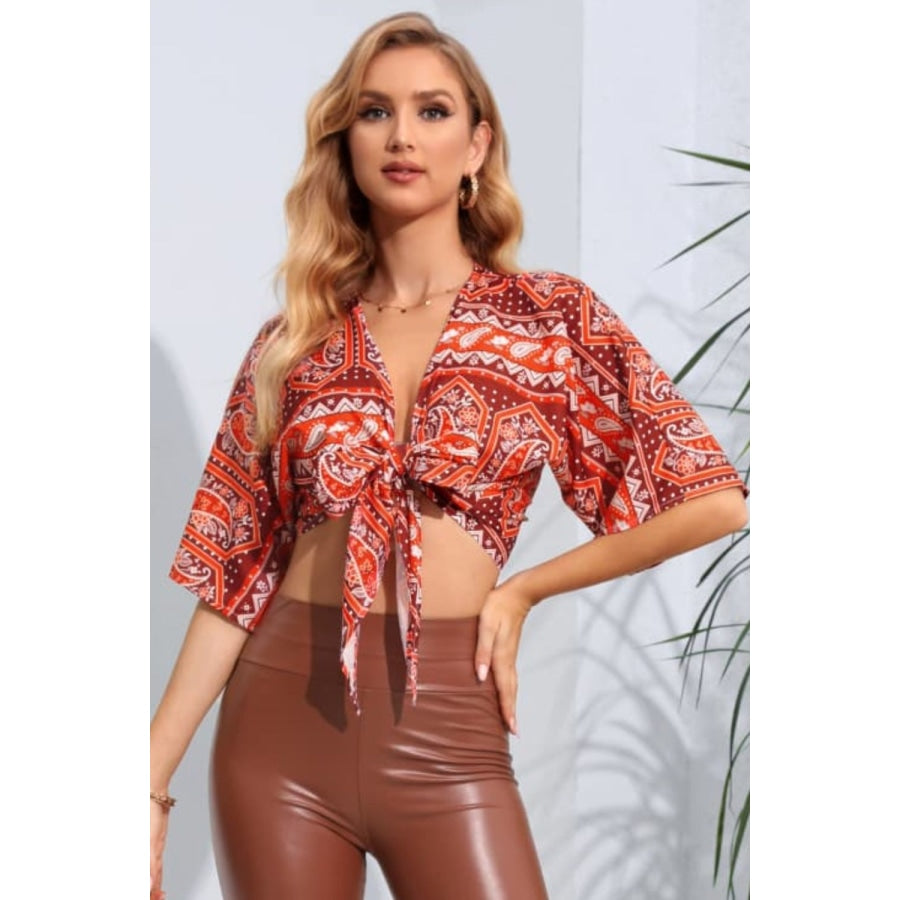 Printed Tie Front Cropped Dolman Sleeve Blouse