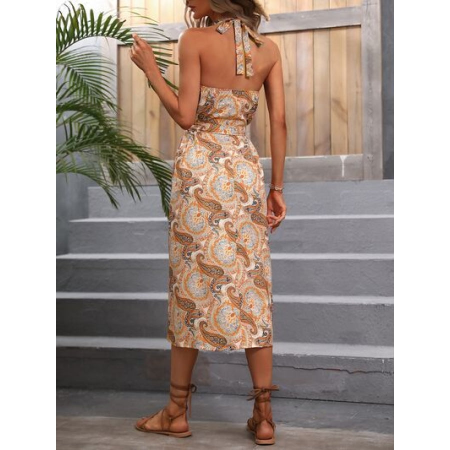 Printed Tie Front Halter Neck Midi Dress Tan / S Clothing