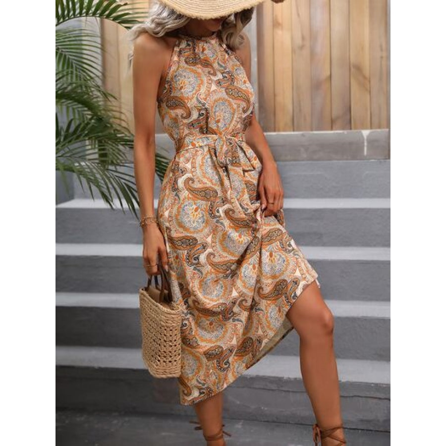 Printed Tie Front Halter Neck Midi Dress Clothing