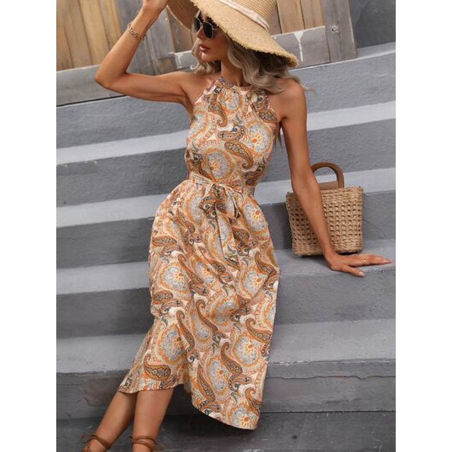 Printed Tie Front Halter Neck Midi Dress Clothing