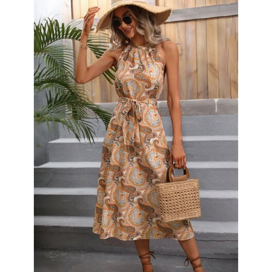 Printed Tie Front Halter Neck Midi Dress Tan / S Clothing