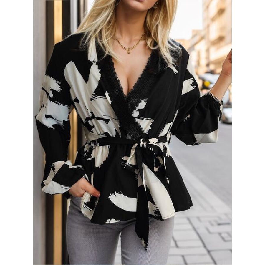 Printed Tie Front Lace Detail Cardigan Black / S