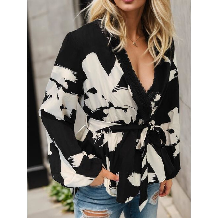 Printed Tie Front Lace Detail Cardigan