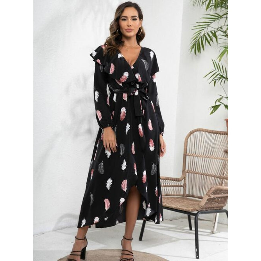 Printed Tie Front Ruffle Trim Long Sleeve Dress Black / S Clothing