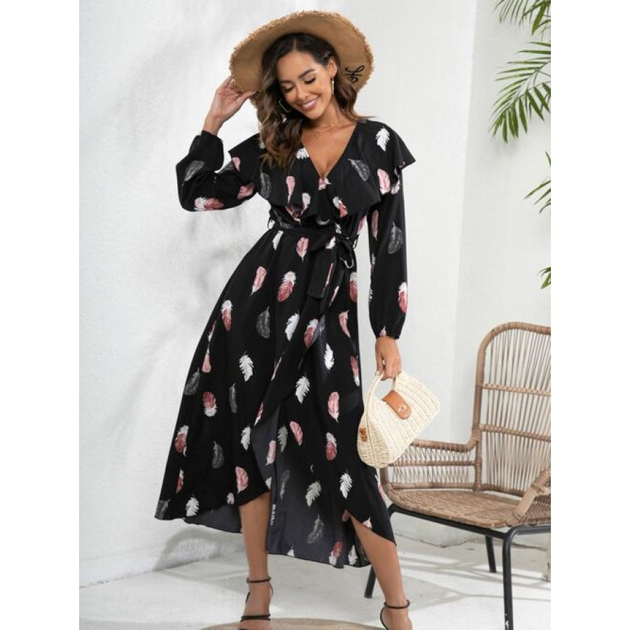 Printed Tie Front Ruffle Trim Long Sleeve Dress Clothing