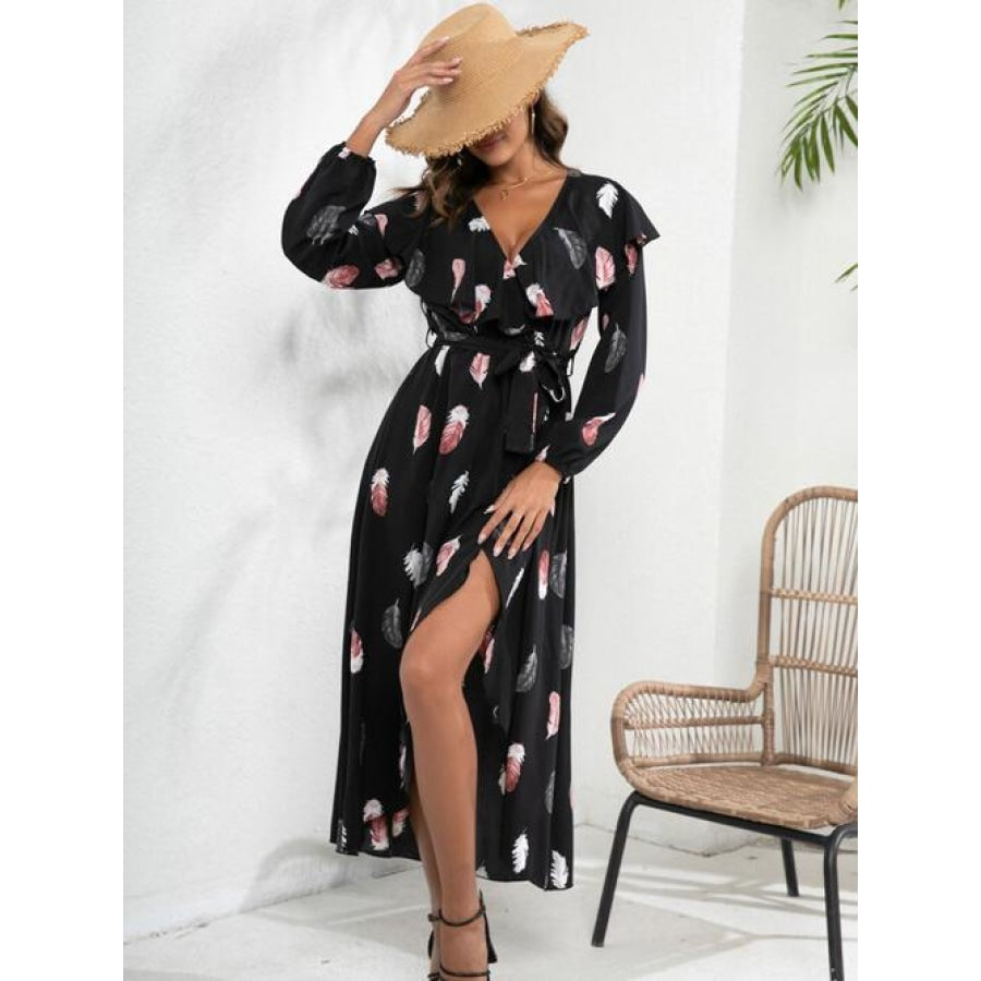 Printed Tie Front Ruffle Trim Long Sleeve Dress Clothing