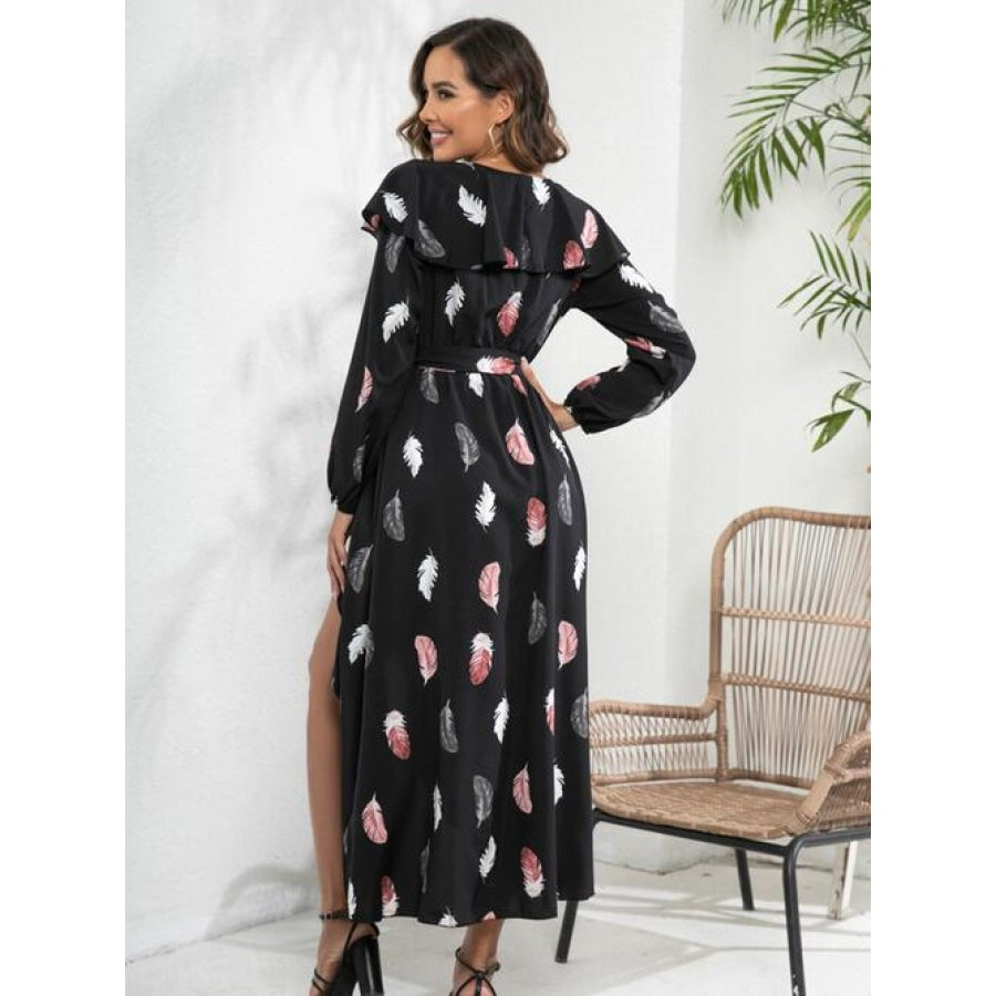 Printed Tie Front Ruffle Trim Long Sleeve Dress Clothing