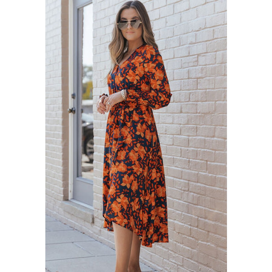 Printed Tie Front Smocked Long Sleeve Dress Clothing