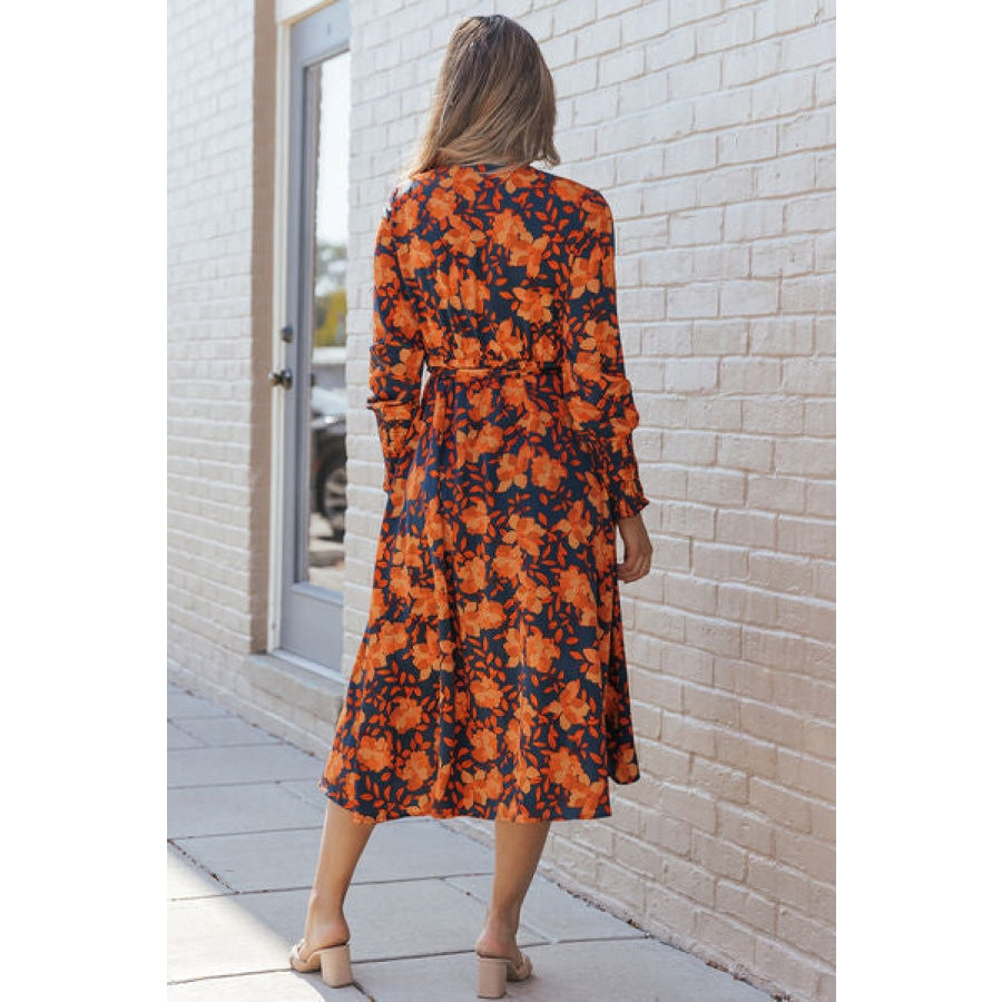 Printed Tie Front Smocked Long Sleeve Dress Pumpkin / S Clothing