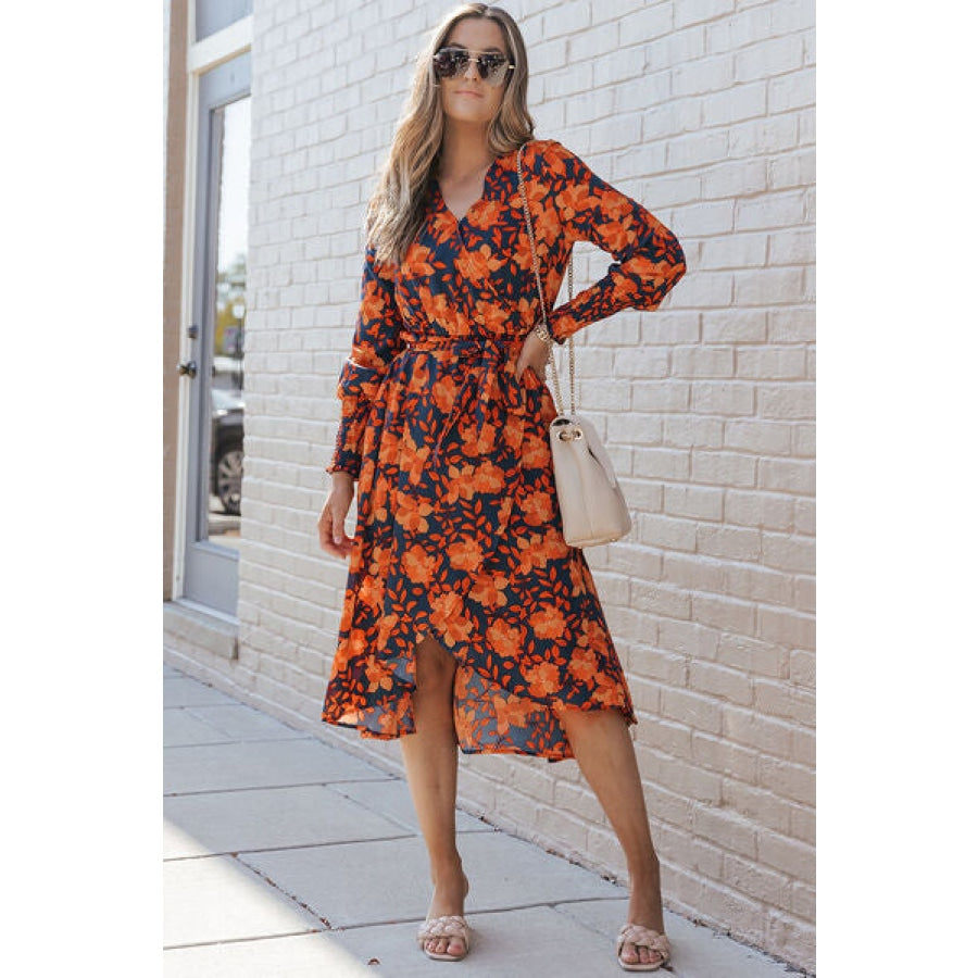 Printed Tie Front Smocked Long Sleeve Dress Clothing