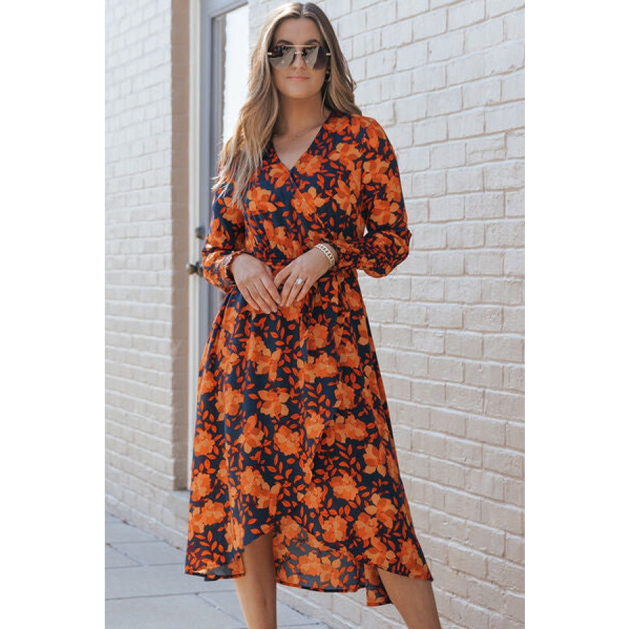 Printed Tie Front Smocked Long Sleeve Dress Pumpkin / S Clothing