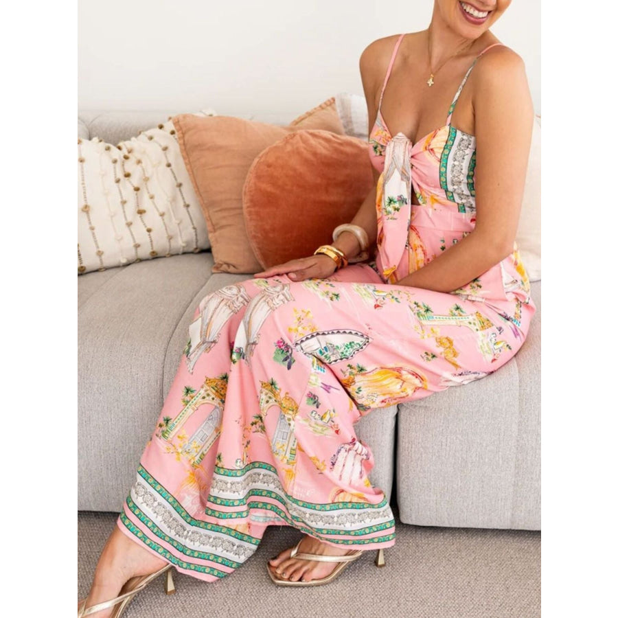 Printed Tie-Front Wide Leg Jumpsuit Apparel and Accessories