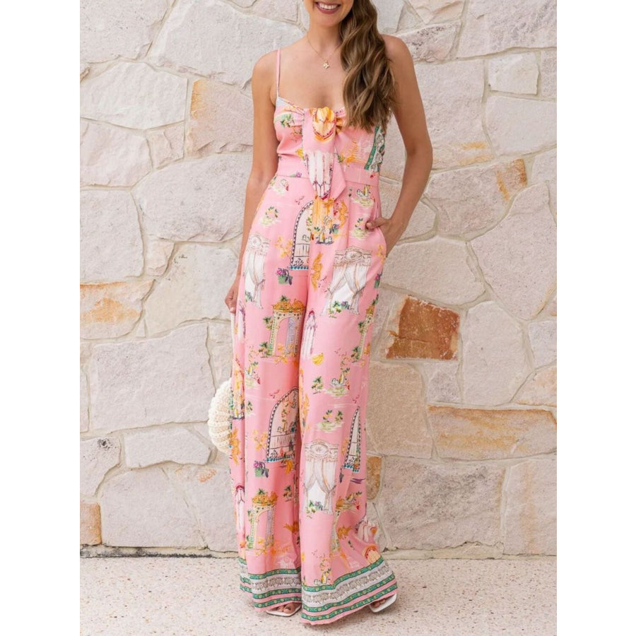 Printed Tie-Front Wide Leg Jumpsuit Apparel and Accessories