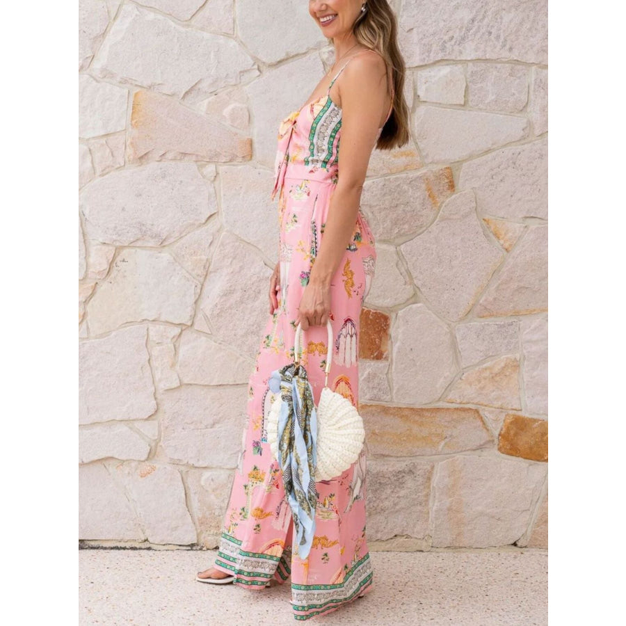 Printed Tie-Front Wide Leg Jumpsuit Apparel and Accessories