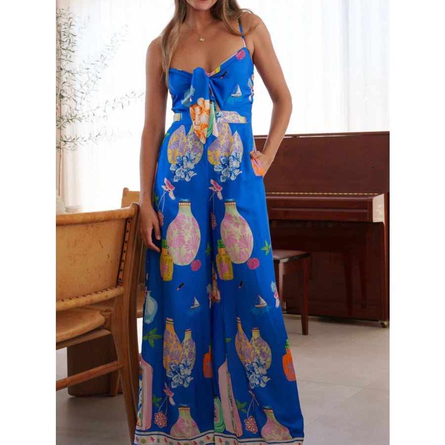 Printed Tie-Front Wide Leg Jumpsuit Apparel and Accessories
