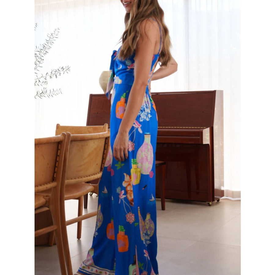 Printed Tie-Front Wide Leg Jumpsuit Apparel and Accessories