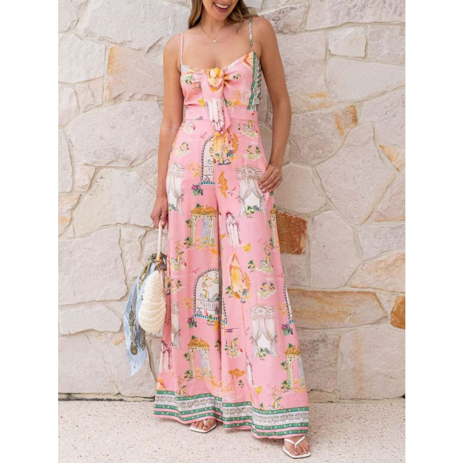 Printed Tie-Front Wide Leg Jumpsuit Apparel and Accessories