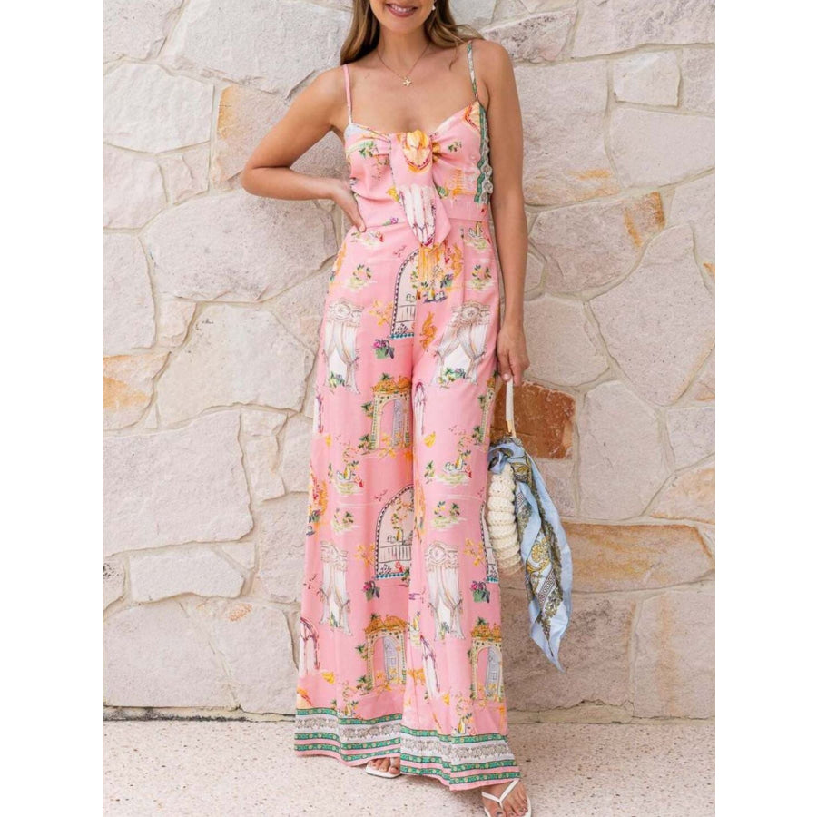 Printed Tie-Front Wide Leg Jumpsuit Apparel and Accessories