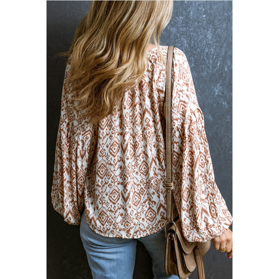 Printed Tie Neck Balloon Sleeve Blouse Apparel and Accessories