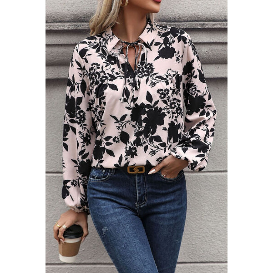 Printed Tie Neck Balloon Sleeve Blouse Clothing